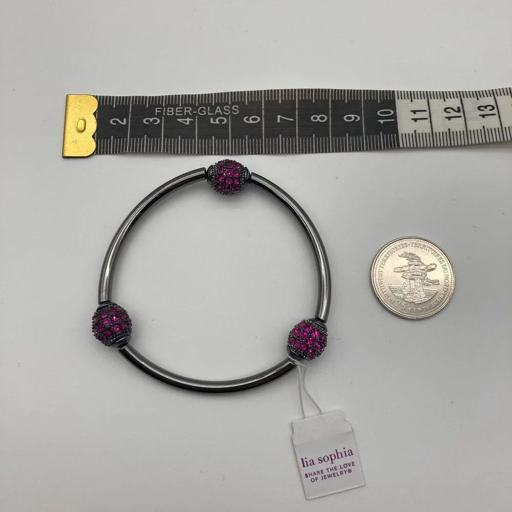 Lia Sophia Fuchsia Pave Fireball Stretch Bracelet Hematite Magenta Crystal - Picture 6 of 7
